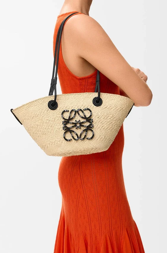 Small Anagram Basket Bag in Iraca Palm and Calfskin Small Anagram Basket Bag in Iraca Palm and Calfskin