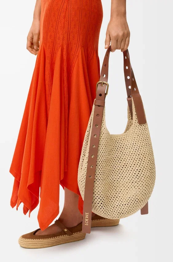 Small Punch Hole Hobo in Raffia and Calfskin Small Punch Hole Hobo in Raffia and Calfskin