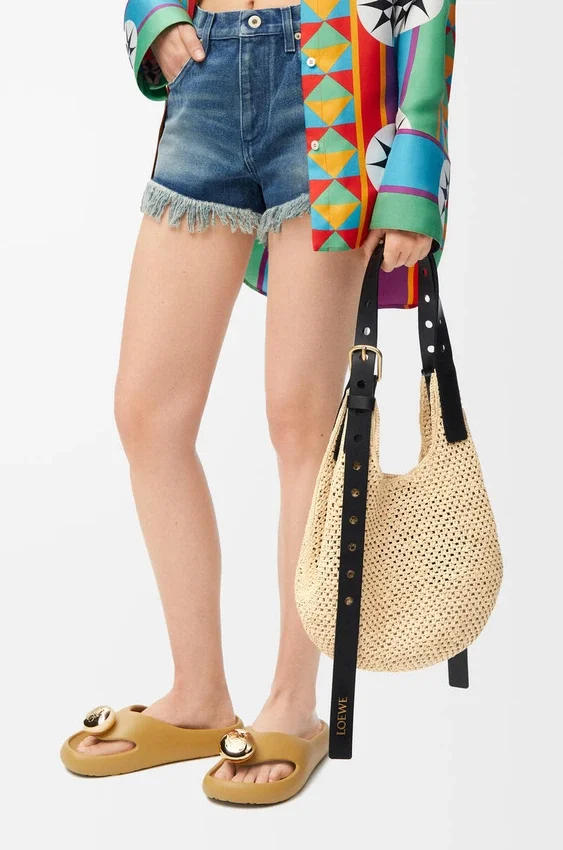 Small Punch Hole Hobo in Raffia and Calfskin Small Punch Hole Hobo in Raffia and Calfskin