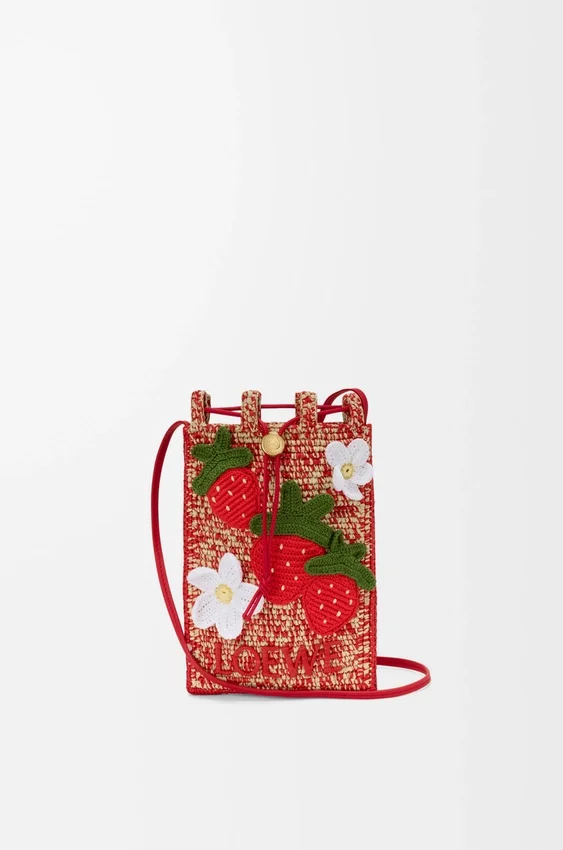 Strawberry Drawstring Pocket in Classic Calfskin and Raffia Strawberry Drawstring Pocket in Classic Calfskin and Raffia