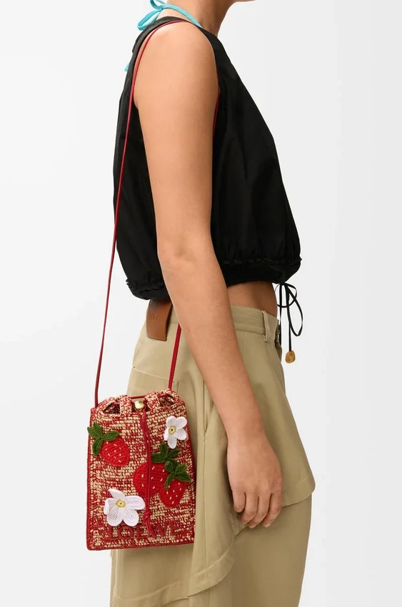 Strawberry Drawstring Pocket in Classic Calfskin and Raffia Strawberry Drawstring Pocket in Classic Calfskin and Raffia