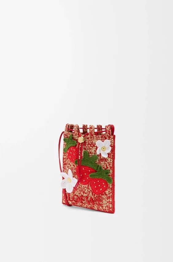 Strawberry Drawstring Pocket in Classic Calfskin and Raffia Strawberry Drawstring Pocket in Classic Calfskin and Raffia