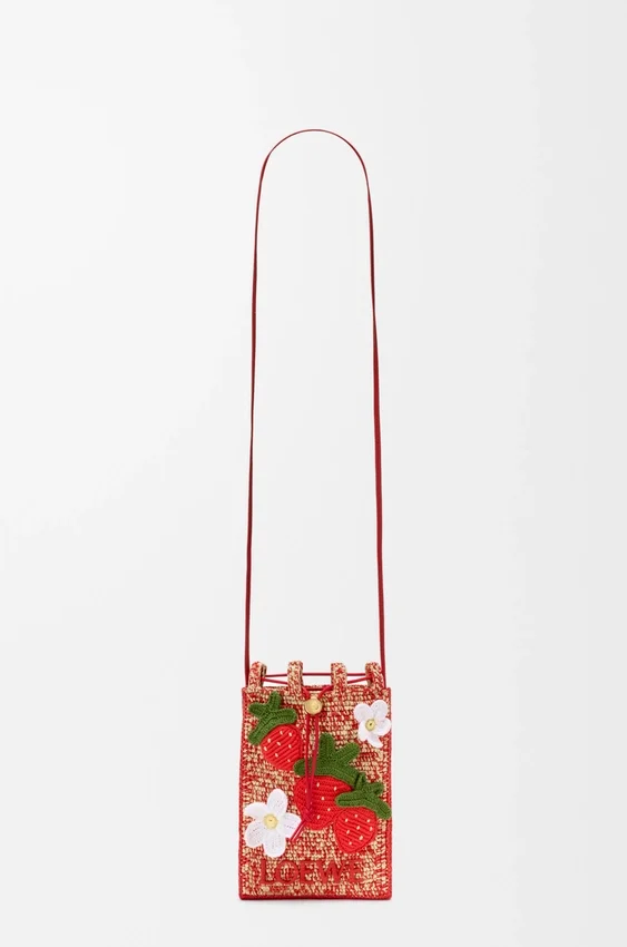 Strawberry Drawstring Pocket in Classic Calfskin and Raffia Strawberry Drawstring Pocket in Classic Calfskin and Raffia