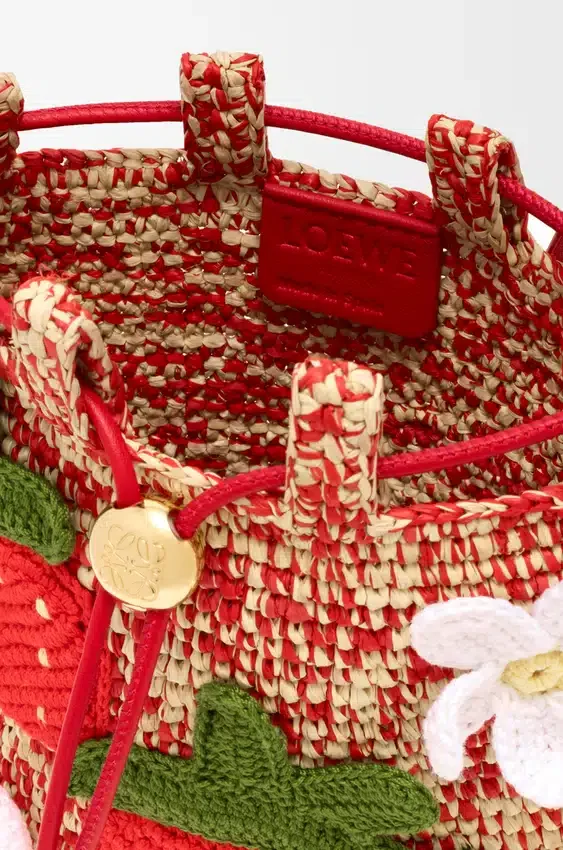 Strawberry Drawstring Pocket in Classic Calfskin and Raffia Strawberry Drawstring Pocket in Classic Calfskin and Raffia