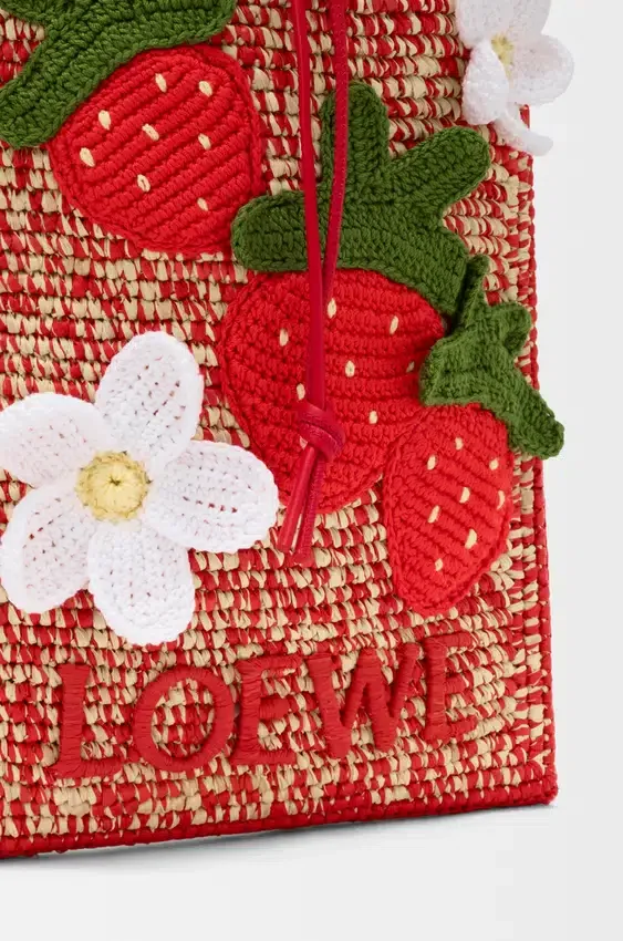 Strawberry Drawstring Pocket in Classic Calfskin and Raffia Strawberry Drawstring Pocket in Classic Calfskin and Raffia